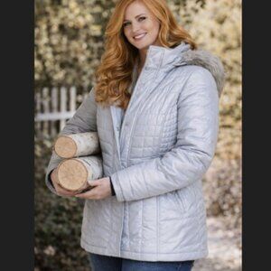 Susan Graver Gray Puffer Coat 1X NWT Faux‎ Fur Hood Warm